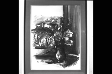 vaso con fiori e paesaggio