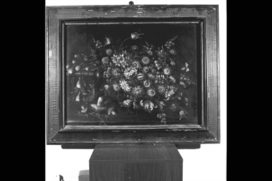 natura morta con fiori, pere e funghi