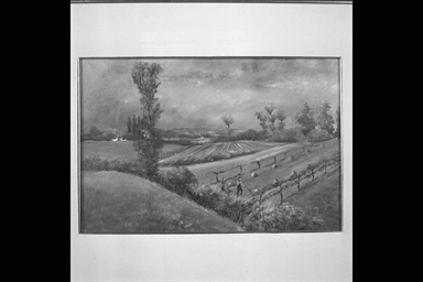 paesaggio campestre con figure di contadini al lavoro