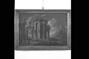 paesaggio con figure e ruderi architettonici