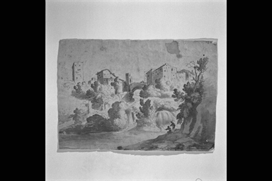 paesaggio con due figure vicino a un fiume con veduta di paese sullo sfondo