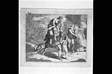 Enea, Ascanio,  Anchise e Creusa in fuga da Troia in fiamme