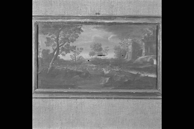 paesaggio con fiume e rovine