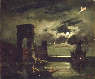 Veduta notturna del molo di Ancona con l'arco di Traiano