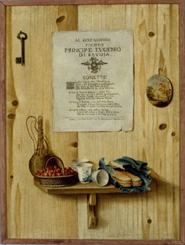 natura morta con oggetti su una mensola, dolciumi ed un sonetto