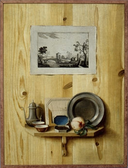 natura morta con oggetti su una mensola e un'incisione