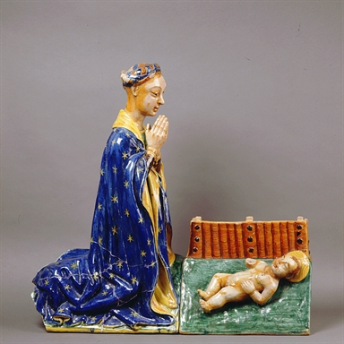 Gruppo scultoreo in maiolica raff. Madonna con Bambino