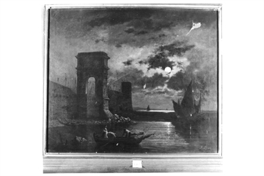 Veduta notturna del molo di Ancona con l'arco di Traiano