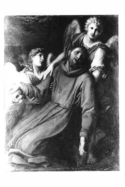 San Francesco d`Assisi sostenuto da due angeli dopo aver ricevuto le stimmate