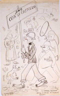 figure maschili con strumenti musicali e cane