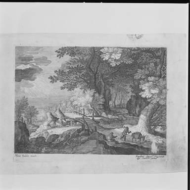 paesaggio con alberi, torrente e viandante