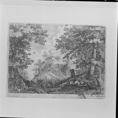 paesaggio con alberi e cacciatori