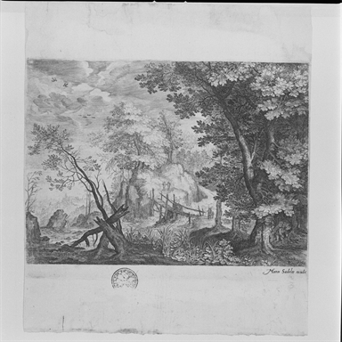 paesaggio con alberi, torrente e figure