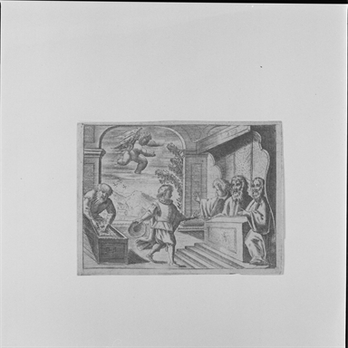 giovane davanti a tre uomini in cattedra, figura maschile, amorino