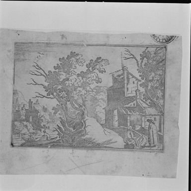 paesaggio con alberi e figure