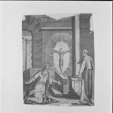 figura femminile inginocchiata davanti all'apparizione del Crocifisso