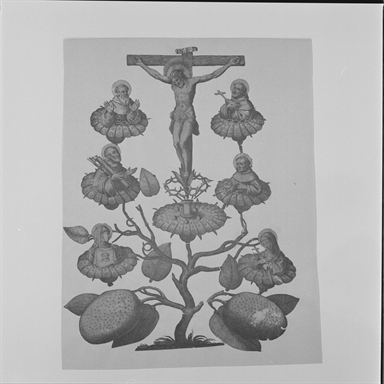 Alberetto simbolico con Cristo Crocifisso, San Francesco d`Assisi, San Bernardino da Siena, San Veronica, San Chiara e due santi