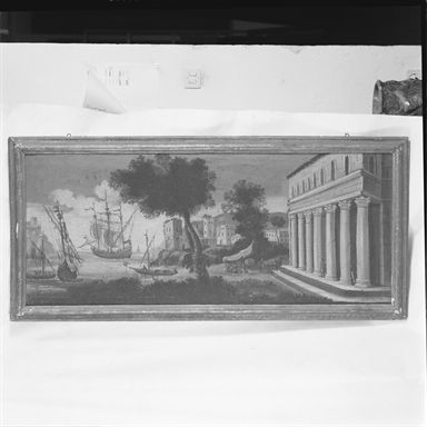 paesaggio con tempio e porto con navi