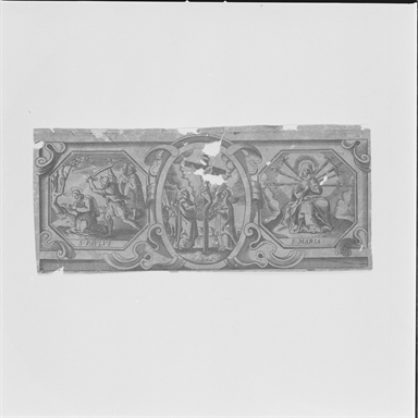 decorazione a tre cartigli con crocifissione affiancata da martirio di San Paolo e Madonna addolorata