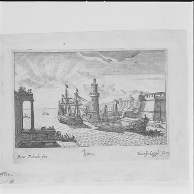 paesaggio con porto e faro