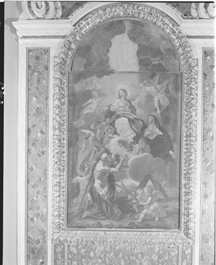 San Biagio presenta alla Madonna Immacolata il paese di Monte San Pietrangeli sorretto da un angelo con Sant'Andrea apostolo e Santa Chiara