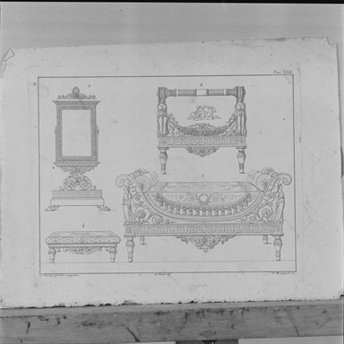 studio per specchiera, letto e sgabello