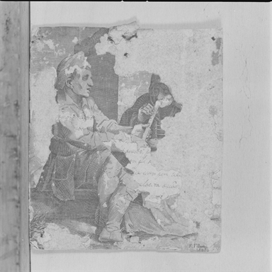 figura maschile seduta e suanatrice di flauto