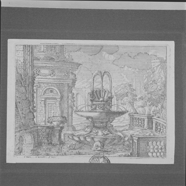 fontana e paesaggio con architetture