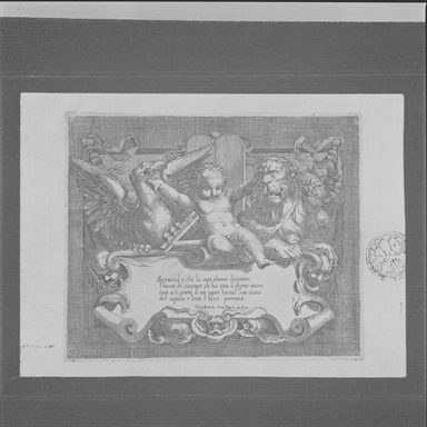 cartiglio con iscrizione sormontato da un putto tra un'aquila e un leone