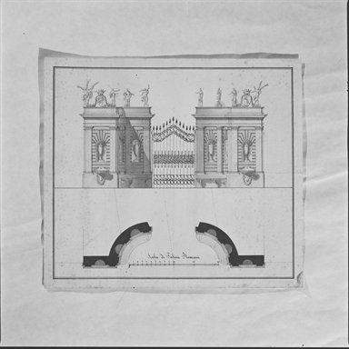 pianta e prospetto di cancello monumentale per una villa