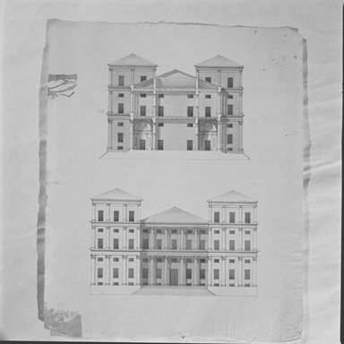 prospetto principale e spaccato per un palazzo