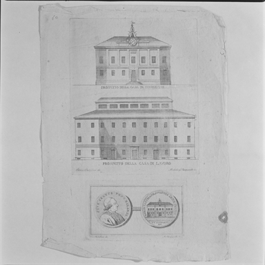 prospetti di edifici e medaglia pontificia