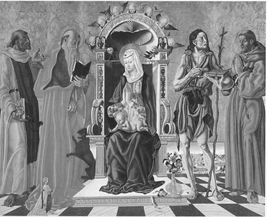 Madonna con Bambino in trono, San Leonardo, San Girolamo, San Giovanni Battista, San Francesco d