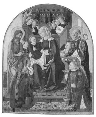 Madonna con Bambino in trono, nove angeli, San Giovanni Battista, San Fortunato, San Nicola da Bari e San Michele arcangelo