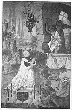 Cristo risorto, Giulio Cesare da Varano in preghiera e quattro angeli che reggono le insegne delle condotte da lui tenute (Mattia Corvino, Sisto IV, Aragona, Venezia)