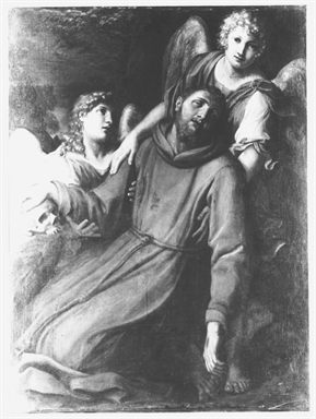San Francesco d`Assisi sostenuto da due angeli dopo aver ricevuto le stimmate
