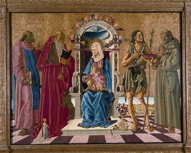 Madonna con Bambino in trono, San Leonardo, San Girolamo, San Giovanni Battista, San Francesco d