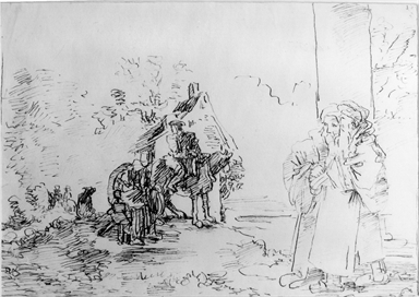 paesaggio nordico con cavaliere due figure virili in primo piano