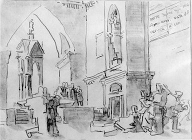 interno di edificio sacro con figure