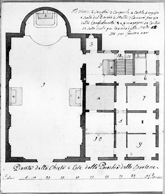 pianta della chiesa e di edifici della parrocchia dello Spontone