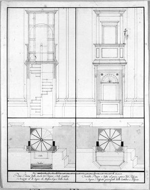 sezione e pianta del pulpito e della cattedra della cattedrale di Senigallia