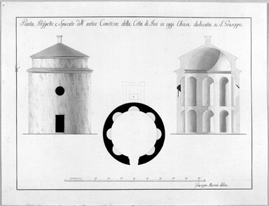pianta prospetto e sezione della chiesa di San Giuseppe di Jesi