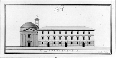 prospetto di una chiesa con convento e ospedale