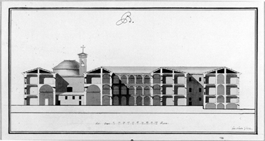 sezione di un complesso architettonico con chiesa convento e ospedale