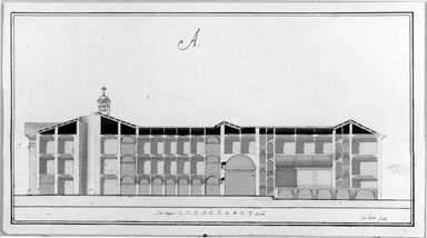 sezione di un complesso architettonico con chiesa convento e ospedale