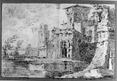 veduta di paese con cinta muraria e torre