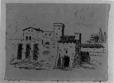 veduta di paese con cinta muraria e torre