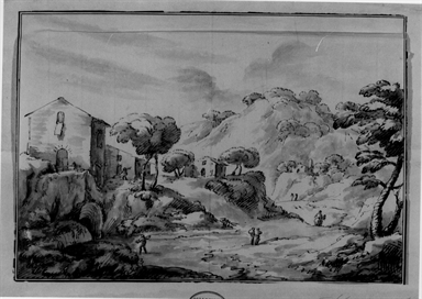 paesaggio con edifici e figure