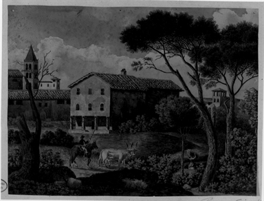 paesaggio con edifici figure e animali