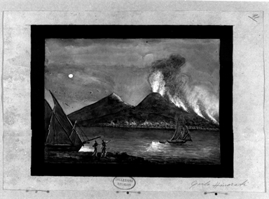 marina con vulcano in eruzione